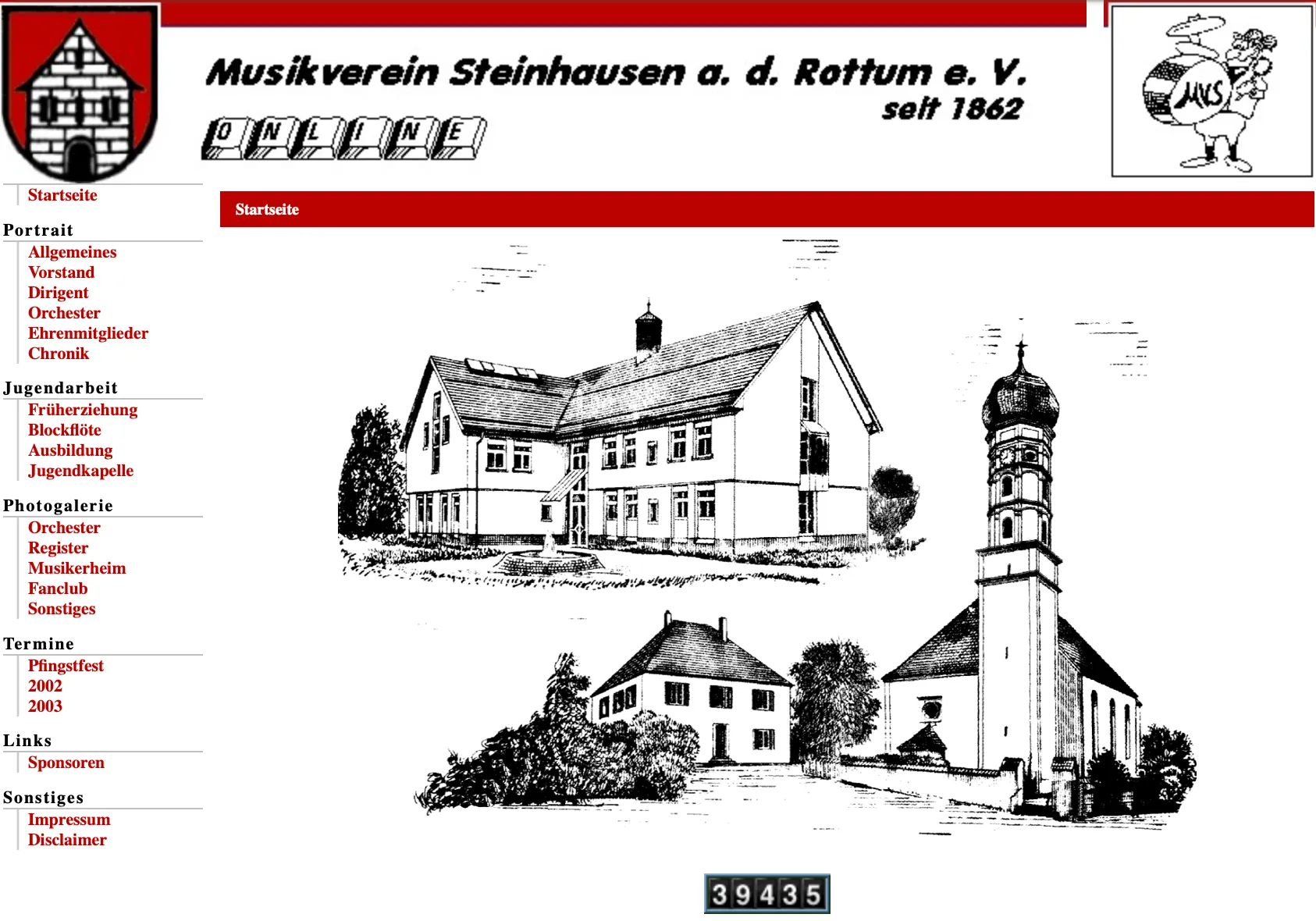 Bildschirmfoto der ersten Vereinswebseite von 2002: oben ein Wappen und der Schriftzug „Musikverein Steinhausen a. d. Rottum e. V. – Online – seit 1862“, links das Menü, in der Mitte Zeichnungen von Gebäuden und der Kirche des Ortes, darunter ein Besucherzähler